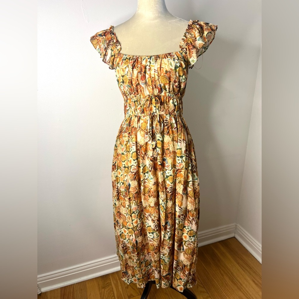 Anthropologie En Saison Midi Dress Floral Elastic Waist On Off Shoulder SZ M EUC
